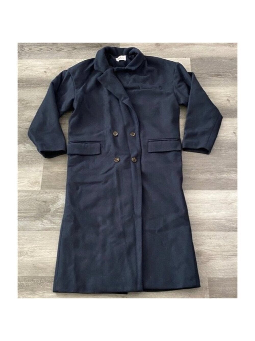 None Name Wool Coat Double Breasted Long Line Navy Blue Quilted Lining Sz 10